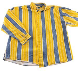 Yellow & Blue Striped Santana Blue Mens Button-Up Shirt XLarge Cotton vintage